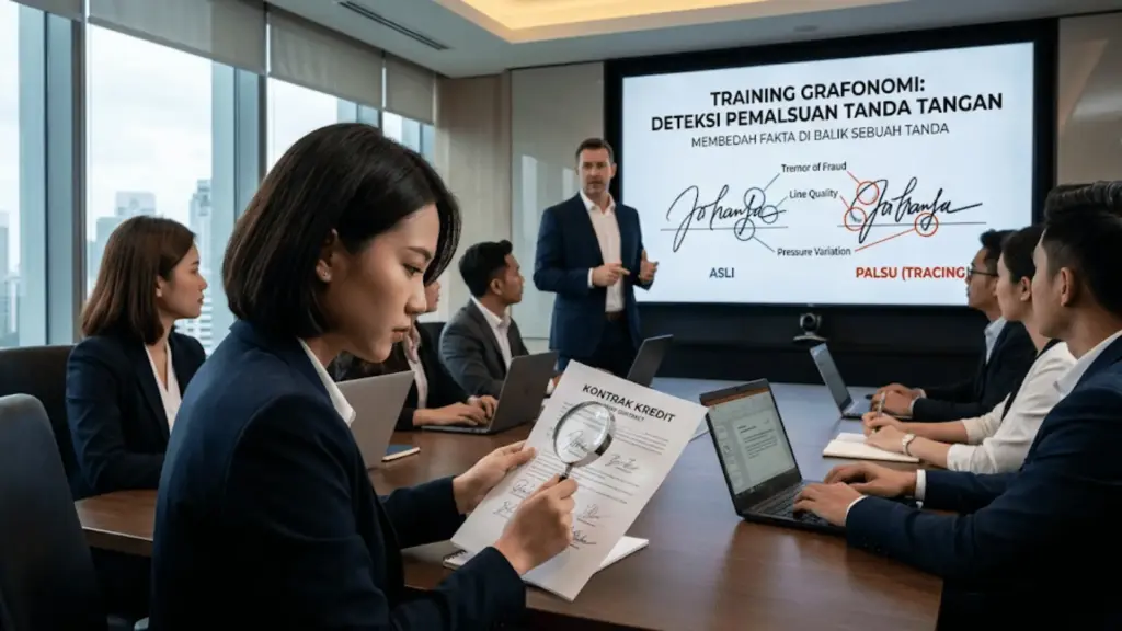 Peserta In-House Training Grafonomi sedang memeriksa keaslian tanda tangan pada dokumen kontrak menggunakan kaca pembesar.