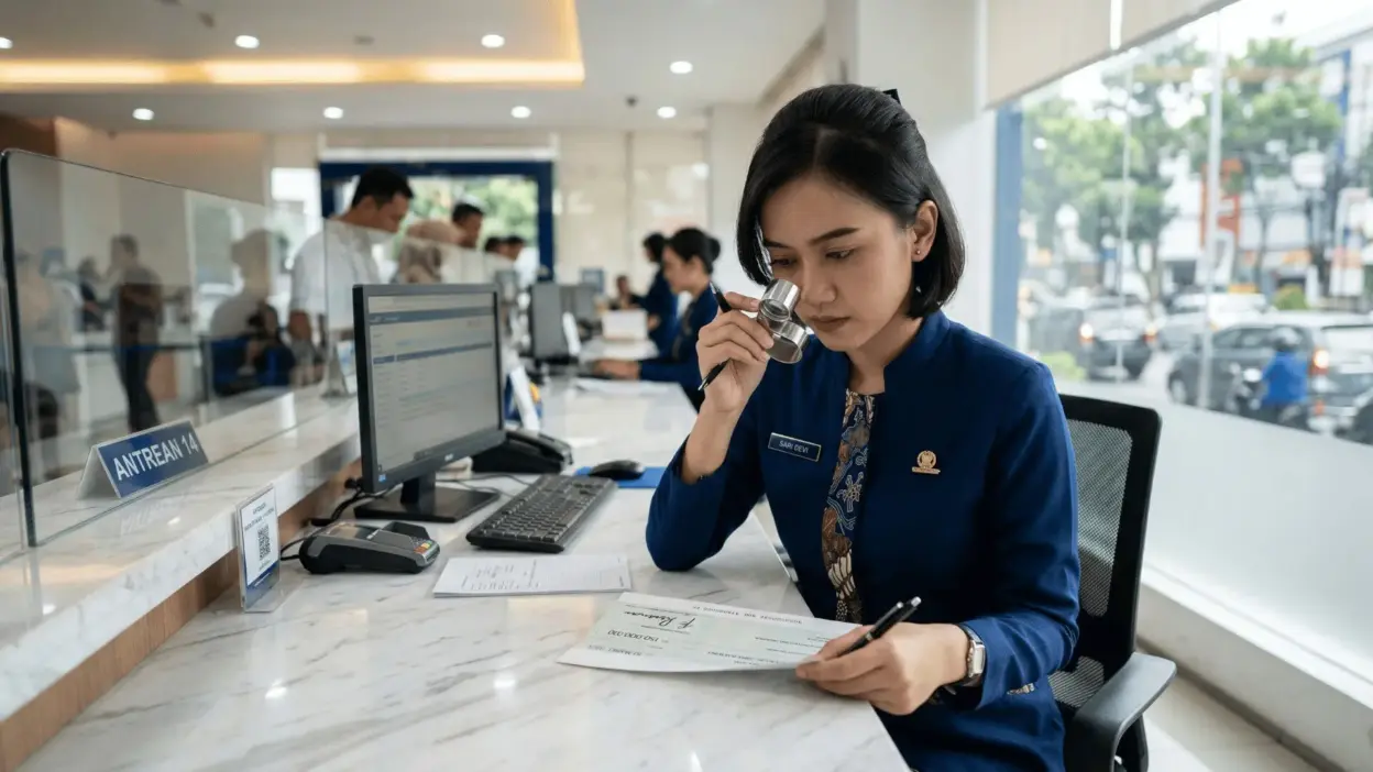 Teller bank perempuan menggunakan kaca pembesar (loupe) untuk mengecek keaslian tanda tangan pada cek setelah mengikuti training grafonomi.