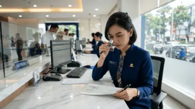 Teller bank perempuan menggunakan kaca pembesar (loupe) untuk mengecek keaslian tanda tangan pada cek setelah mengikuti training grafonomi.