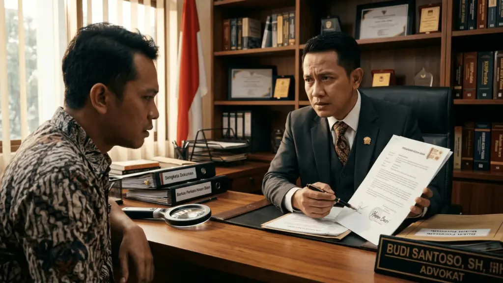 Pengacara dan klien sedang menganalisis dokumen yang diduga berisi tanda tangan palsu sebagai training grafonomi