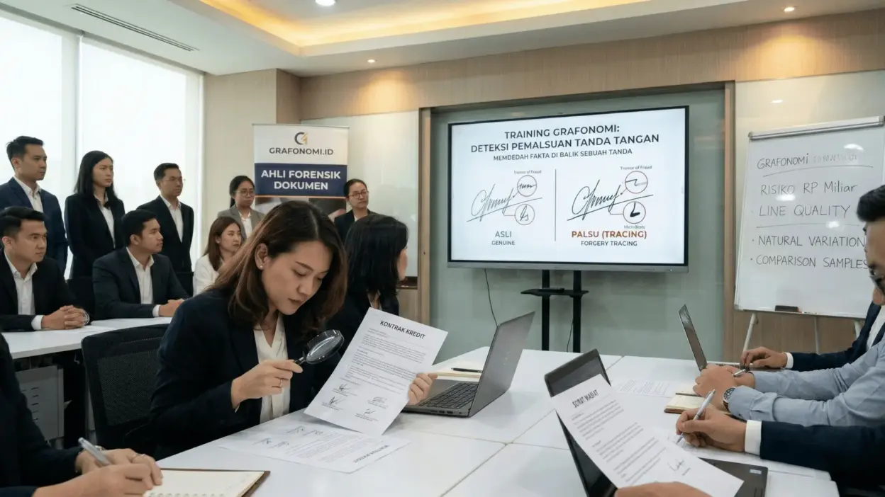 Peserta In-House Training Grafonomi sedang memeriksa keaslian tanda tangan pada dokumen kontrak menggunakan kaca pembesar.
