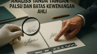 Ahli forensik memeriksa dua tanda tangan pada dokumen untuk mendeteksi pemalsuan