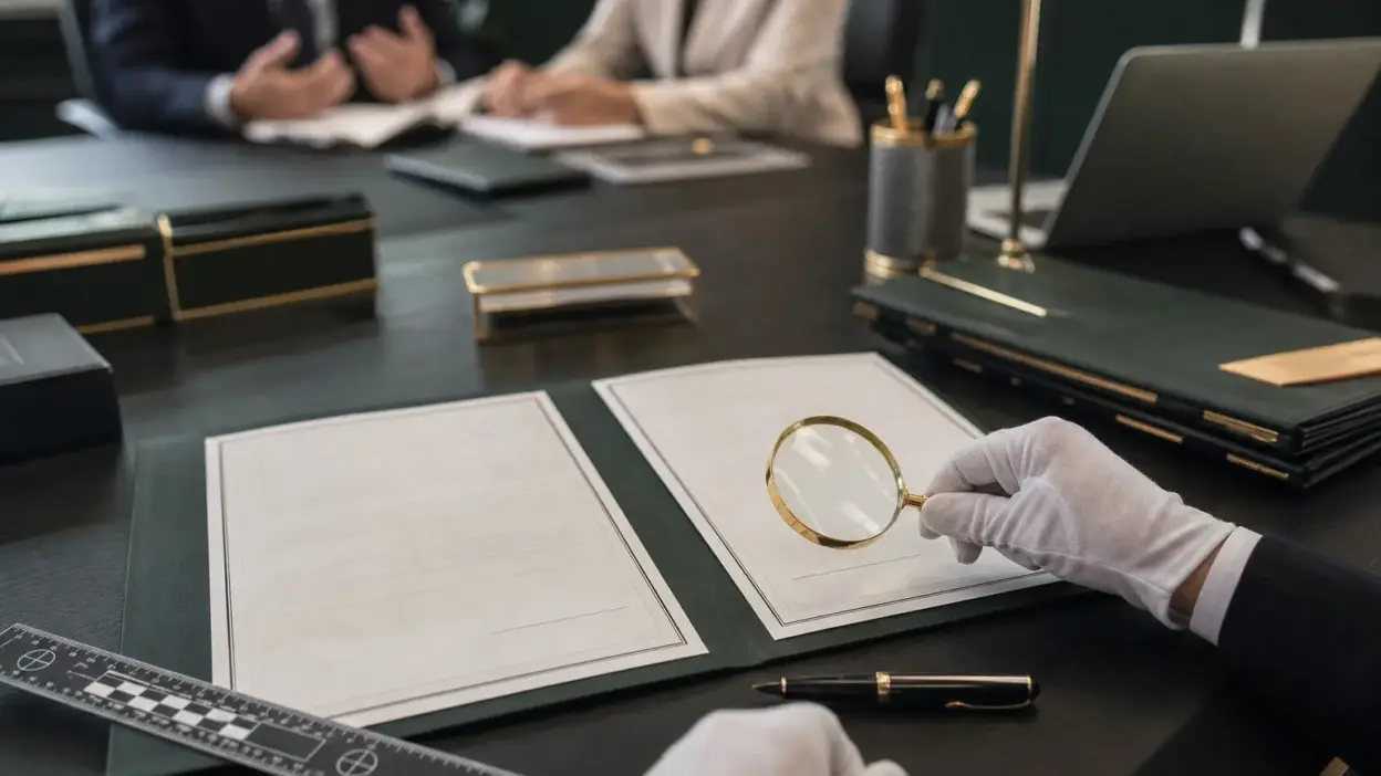 Ahli memeriksa dokumen korporasi dengan kaca pembesar dalam analisis forensik tanda tangan