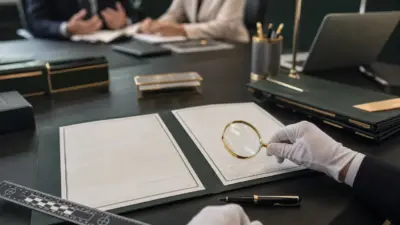 Ahli memeriksa dokumen korporasi dengan kaca pembesar dalam analisis forensik tanda tangan