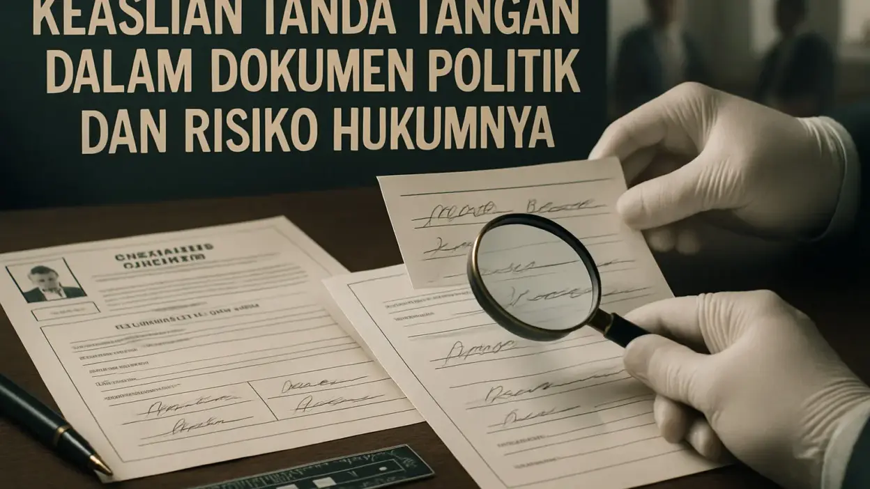 Pemeriksa forensik membandingkan keaslian tanda tangan pada dokumen politik di meja kerja