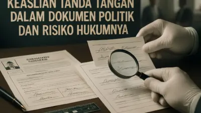 Pemeriksa forensik membandingkan keaslian tanda tangan pada dokumen politik di meja kerja