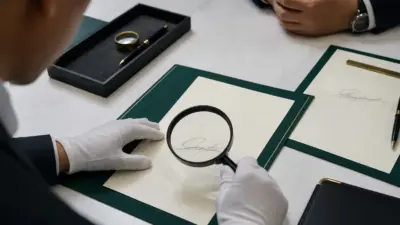 Analis memeriksa keaslian tanda tangan pada undangan resmi DPRD dengan kaca pembesar