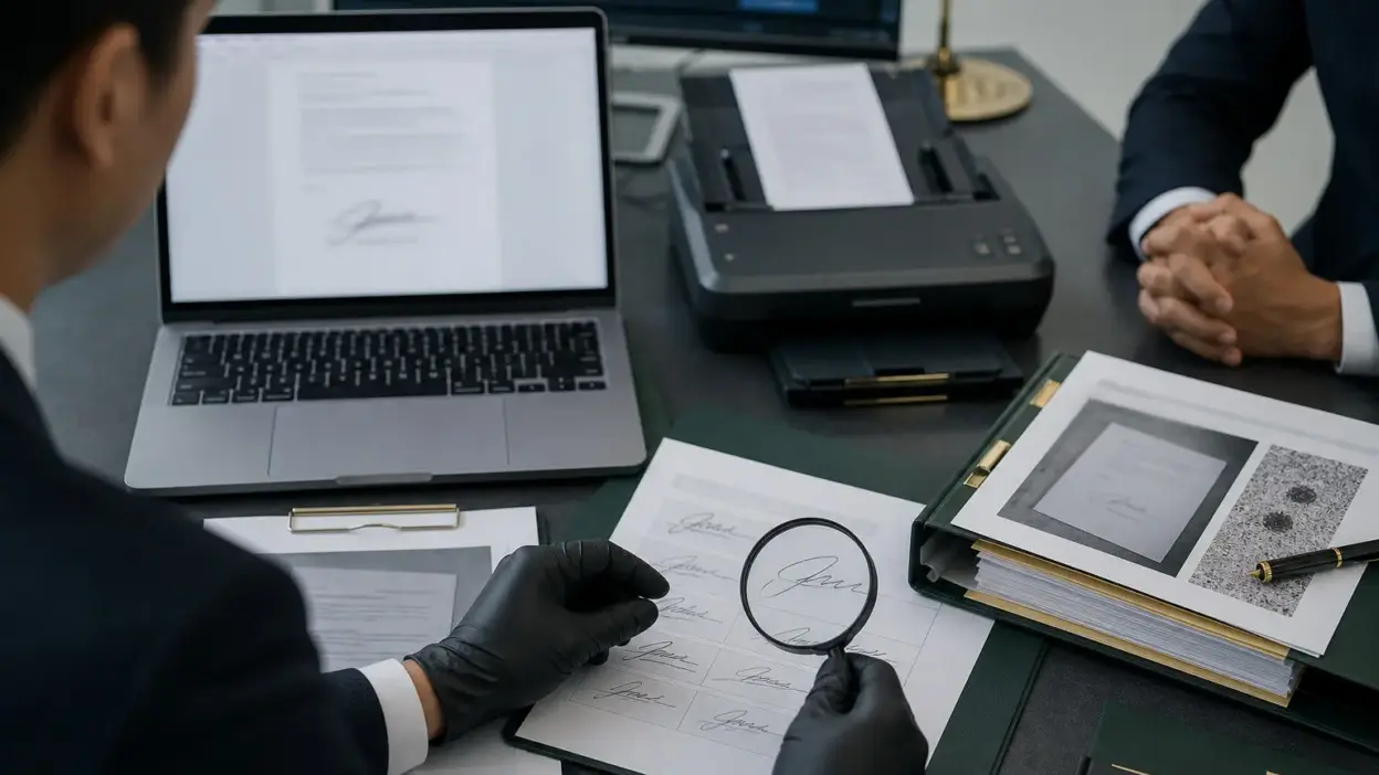 Analis memeriksa dokumen digital bertanda tangan elektronik untuk mendeteksi pemalsuan tanda tangan