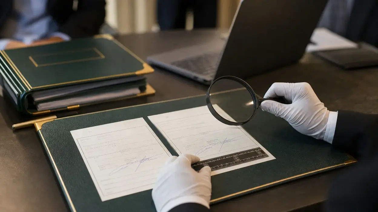 Auditor bank memeriksa dua dokumen nasabah untuk indikasi pemalsuan tanda tangan dengan kaca pembesar
