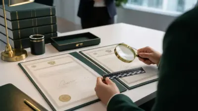 Legal officer memeriksa dua dokumen izin korporasi untuk mendeteksi pemalsuan tanda tangan pejabat