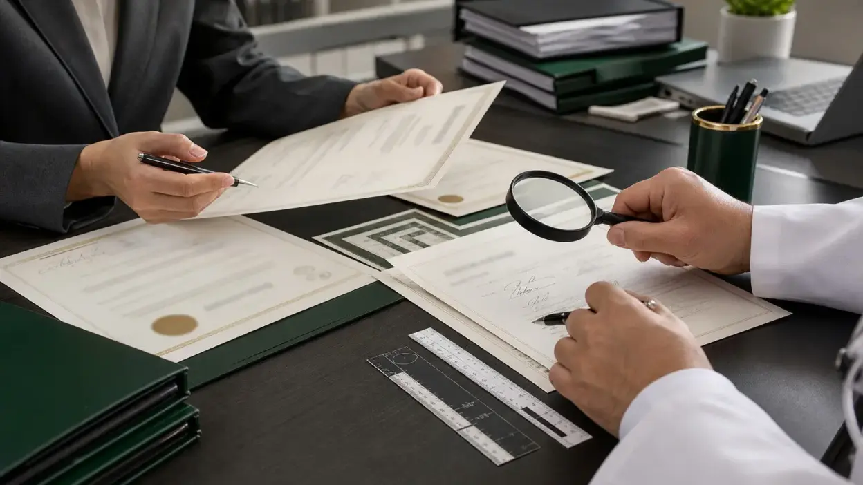 Staf HR rumah sakit memeriksa keaslian tanda tangan pada dokumen profesi dokter menggunakan kaca pembesar