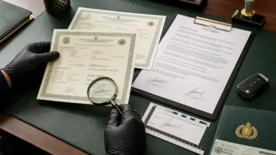 Analis membandingkan dokumen kendaraan dan tanda tangan di meja profesional sebagai bagian verifikasi dokumen