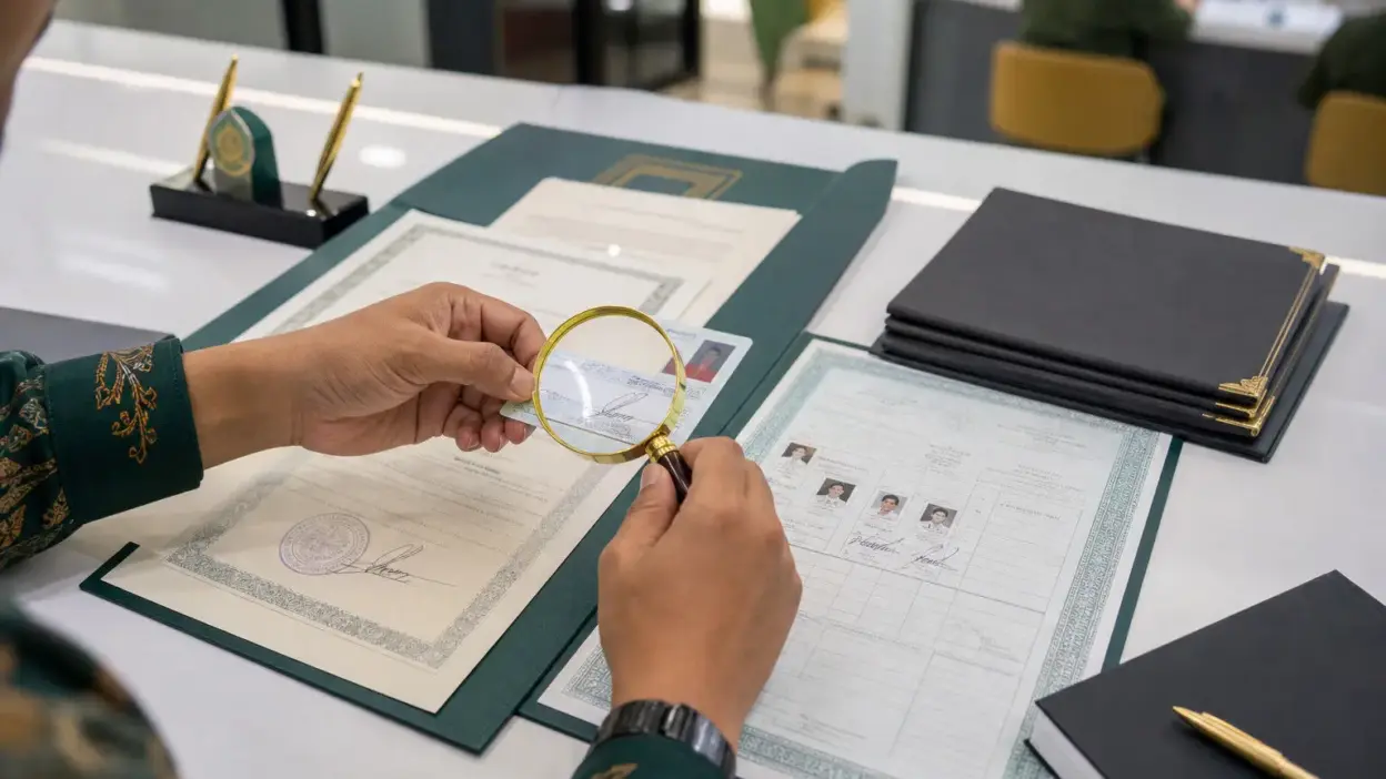 Petugas mengecek dokumen kependudukan dan membandingkan tanda tangan untuk mencegah penipuan identitas