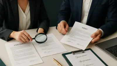 Auditor perusahaan memeriksa tanda tangan pada dokumen resmi dengan kaca pembesar