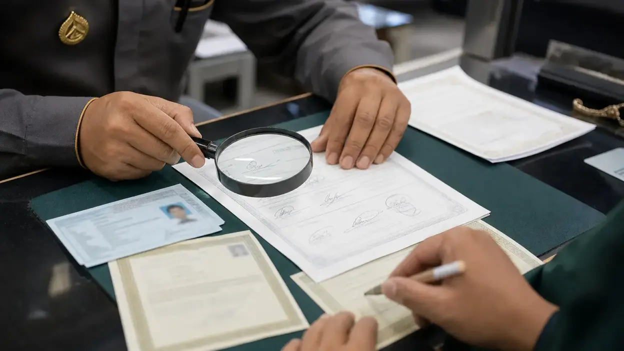 Petugas layanan kependudukan memeriksa dokumen dan tanda tangan untuk mencegah penipuan identitas