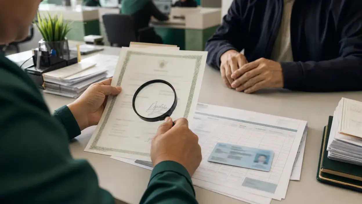 Petugas loket memeriksa keaslian tanda tangan pada dokumen kependudukan sebagai bagian verifikasi dokumen